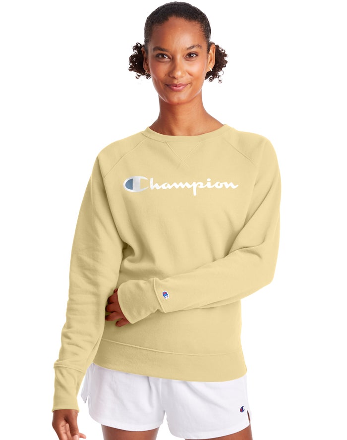 Champion Sweatshirt Dames - Geel - Powerblend Fleece Classic Crew Script Logo ( 893140-NIC )